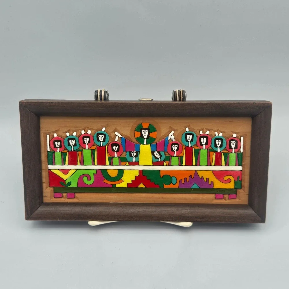 Latin American Folk Art Carved Wood The Last Supper Hand Painted Colorful MCM